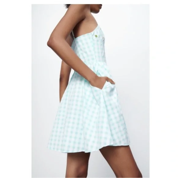 Zara Floral Beaded Gingham Fit and Flare Mini Dress SZ S NWT - Picture 3 of 7